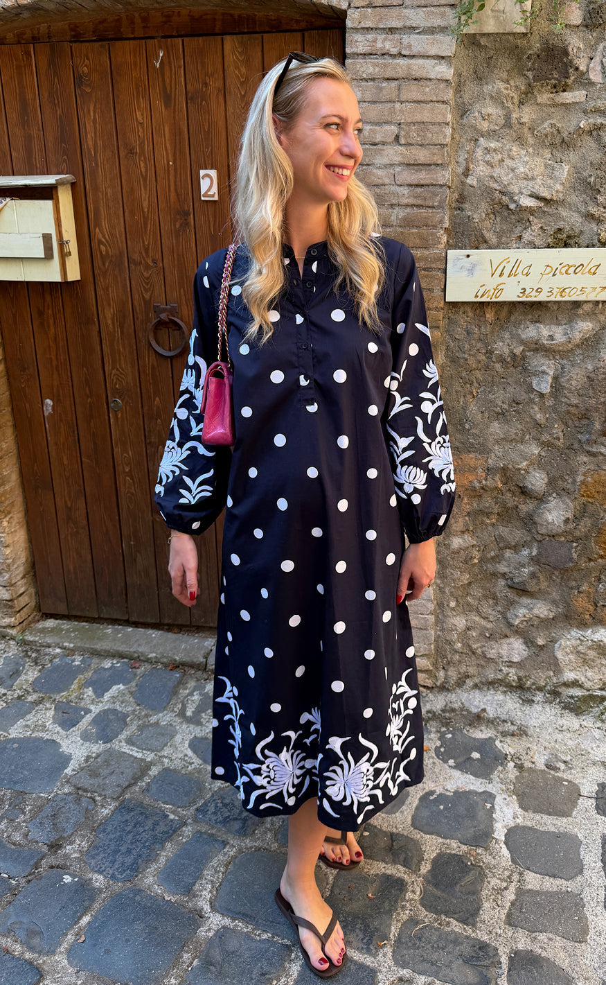 Say INA Copenhagen Kjole - Tilde Long - Navy Blue W. White Dots & Embroidery