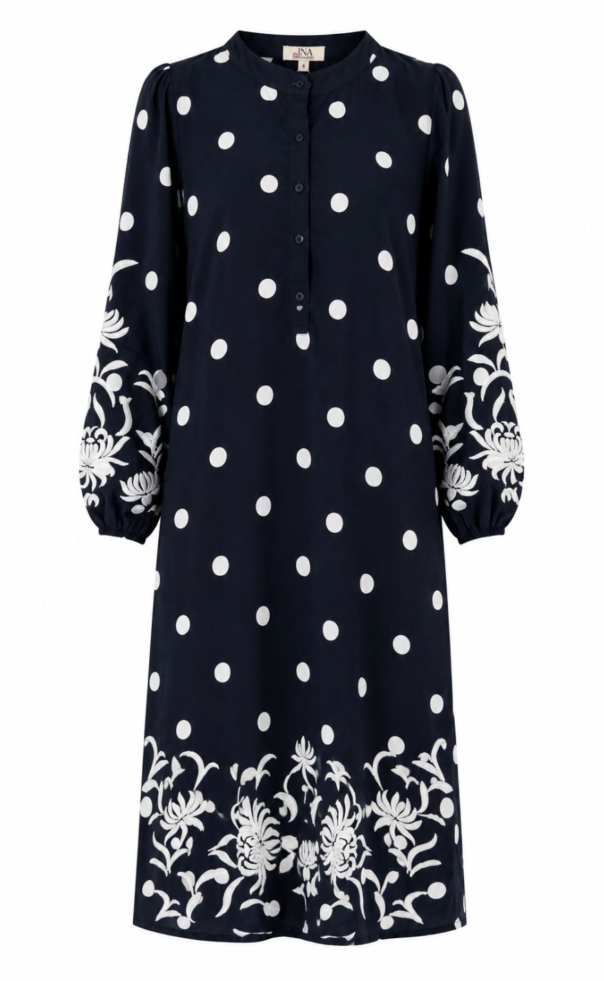 Say INA Copenhagen Kjole - Tilde Long - Navy Blue W. White Dots & Embroidery