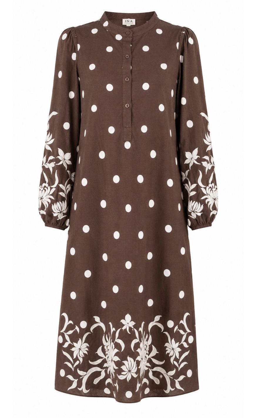Say INA Copenhagen Kjole - Tilde Long - Dark Brown W. White Dots & Embroidery
