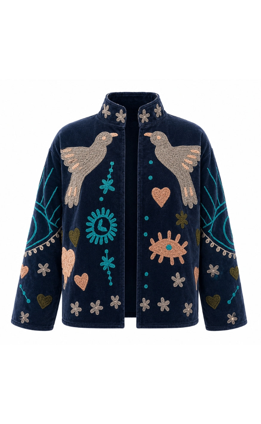 Say INA Copenhagen Jakke - Abella - Navy Blue Velvet w. Birds Embroidery