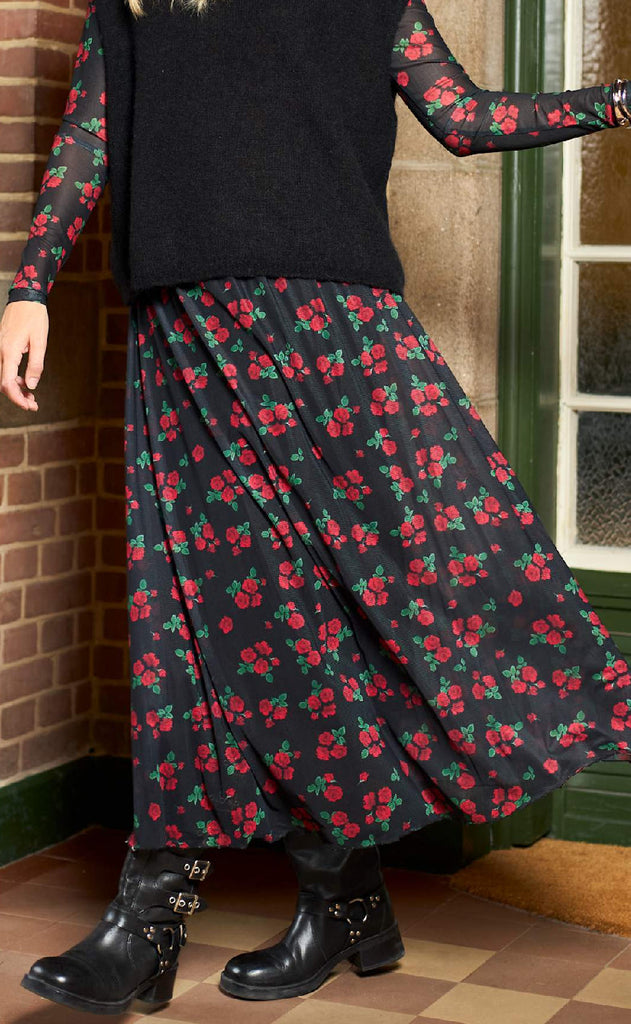 Black Colour Skjørt - Annie Mesh - Red Flower