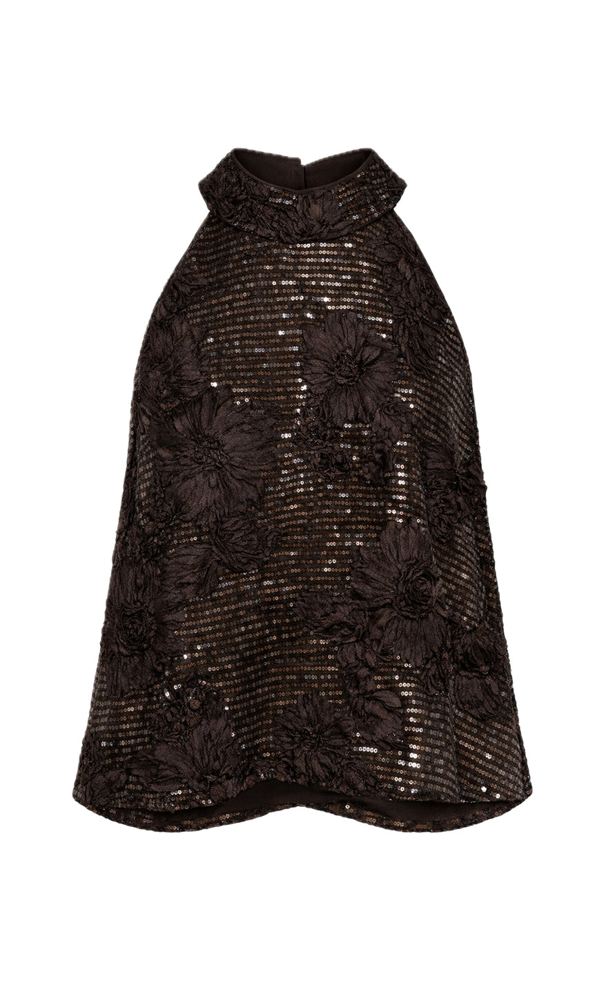Say INA Copenhagen Topp - Ava - Dark Brown Sequin W. Flowers