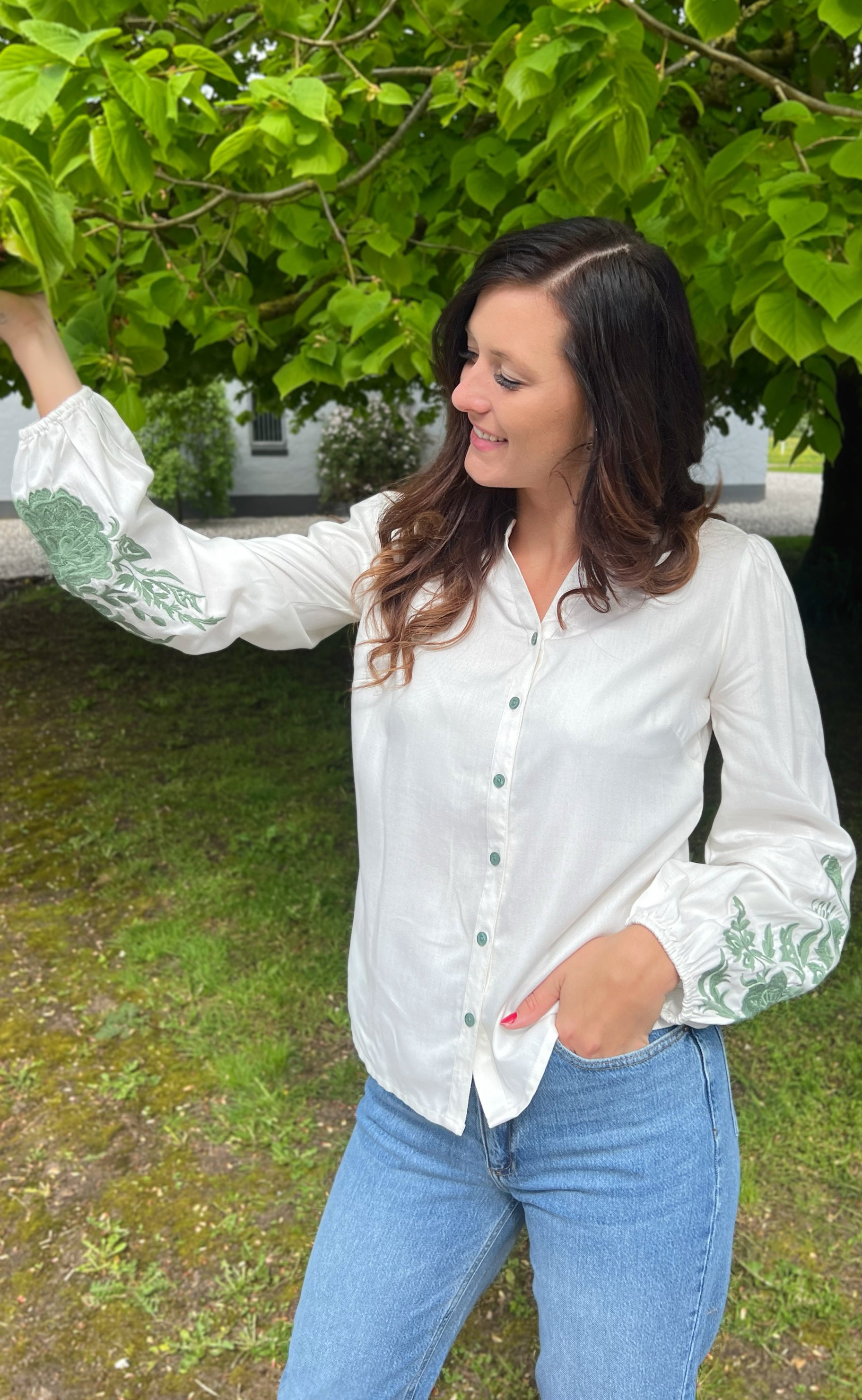 INA Copenhagen Bluse - Molly - Off White w. Green