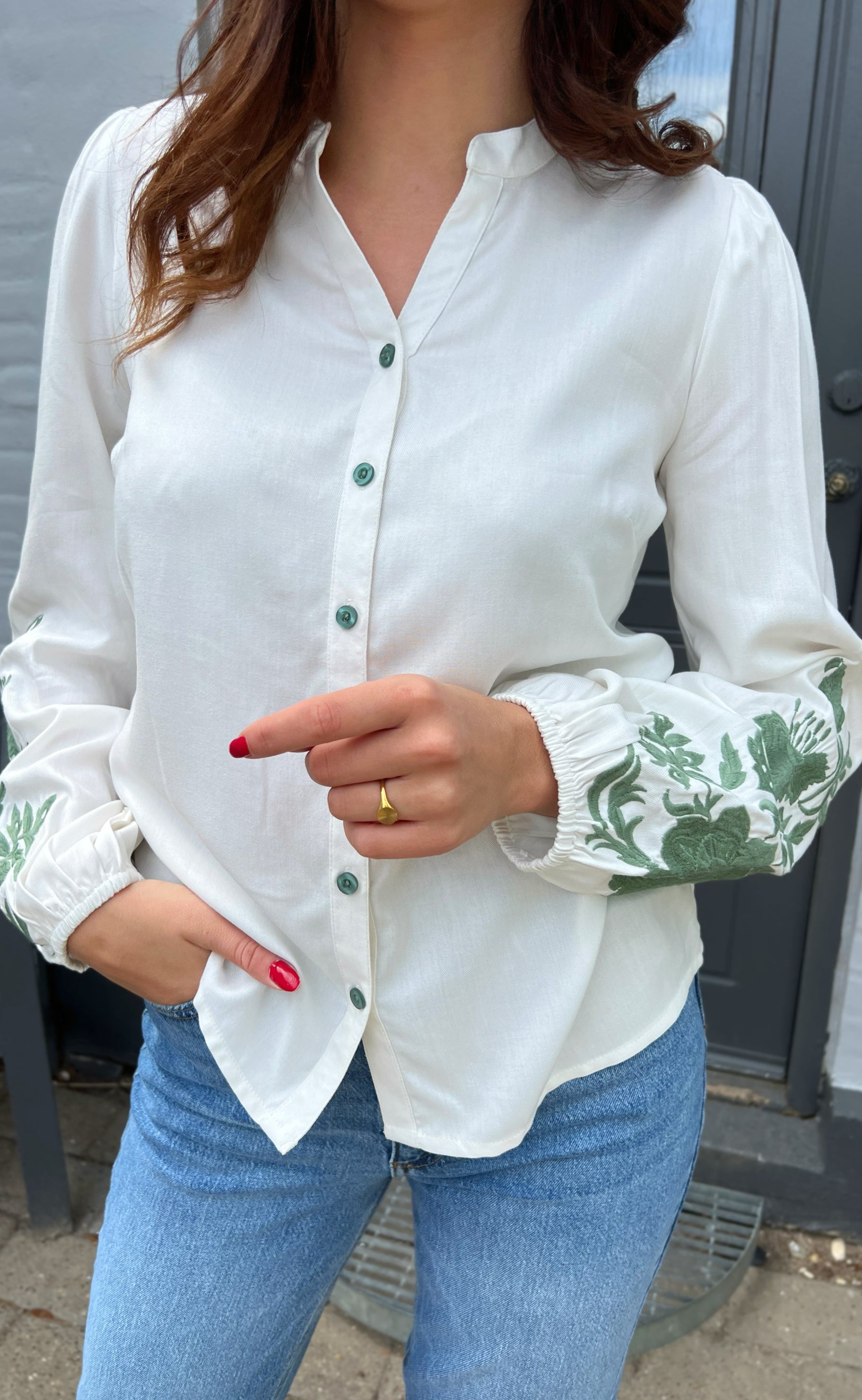 INA Copenhagen Bluse - Molly - Off White w. Green