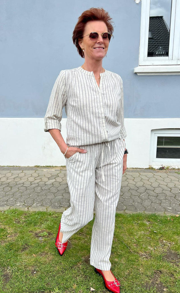 INA Copenhagen Bukser - Juliana Linen - Off White / Black Striped