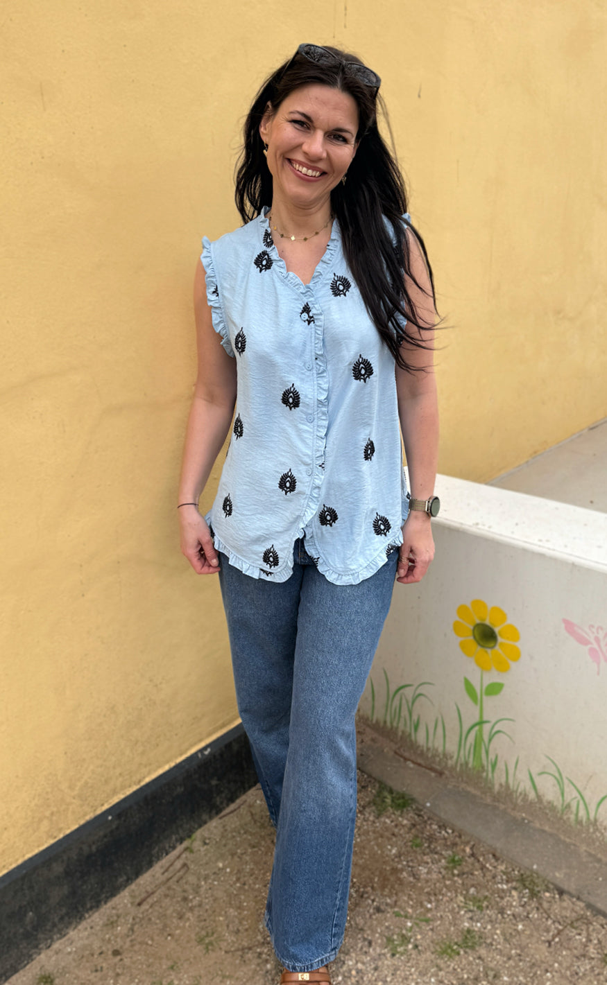 INA Copenhagen Topp - Melania - Blue w. Black Embroidery