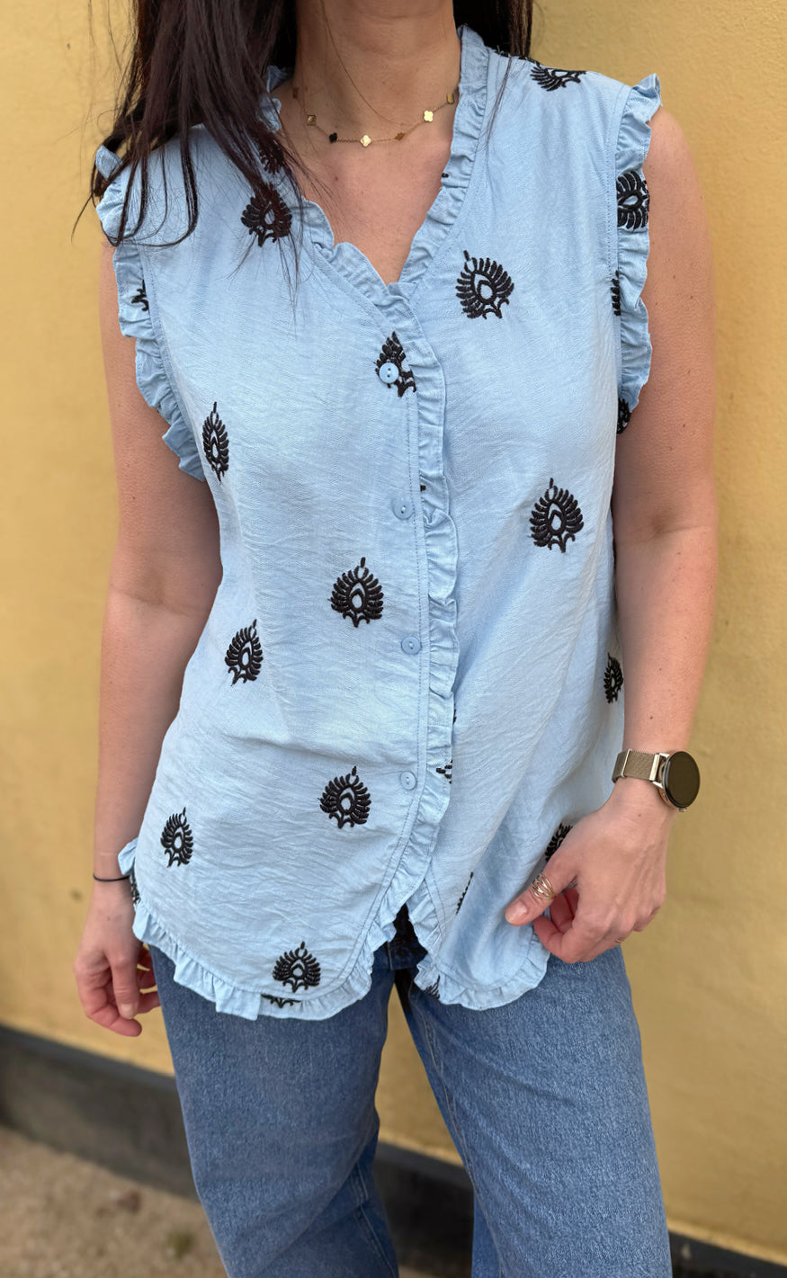 INA Copenhagen Topp - Melania - Blue w. Black Embroidery