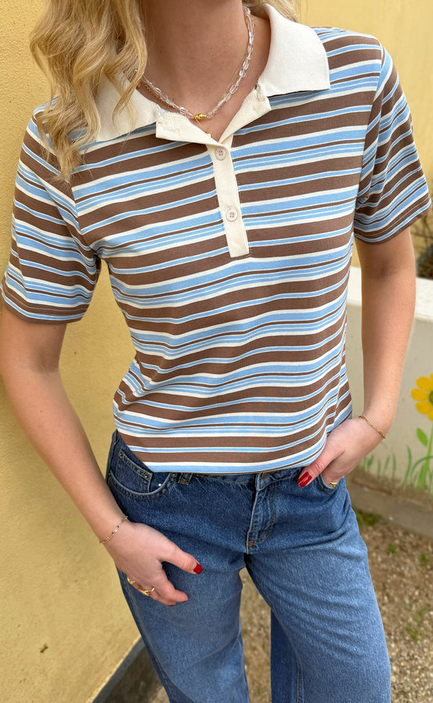 INA Copenhagen Polo T-Shirt - Pamela Summer - Brown / Blue Striped