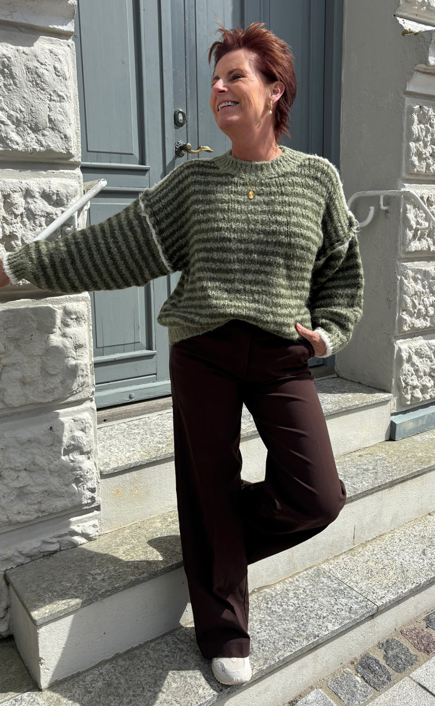 Say INA Copenhagen Genser - Sanna - Green Striped W. Beige Details