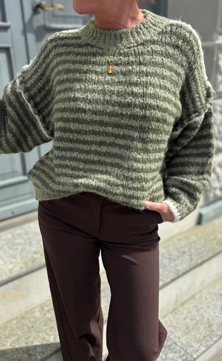 Say INA Copenhagen Genser - Sanna - Green Striped W. Beige Details
