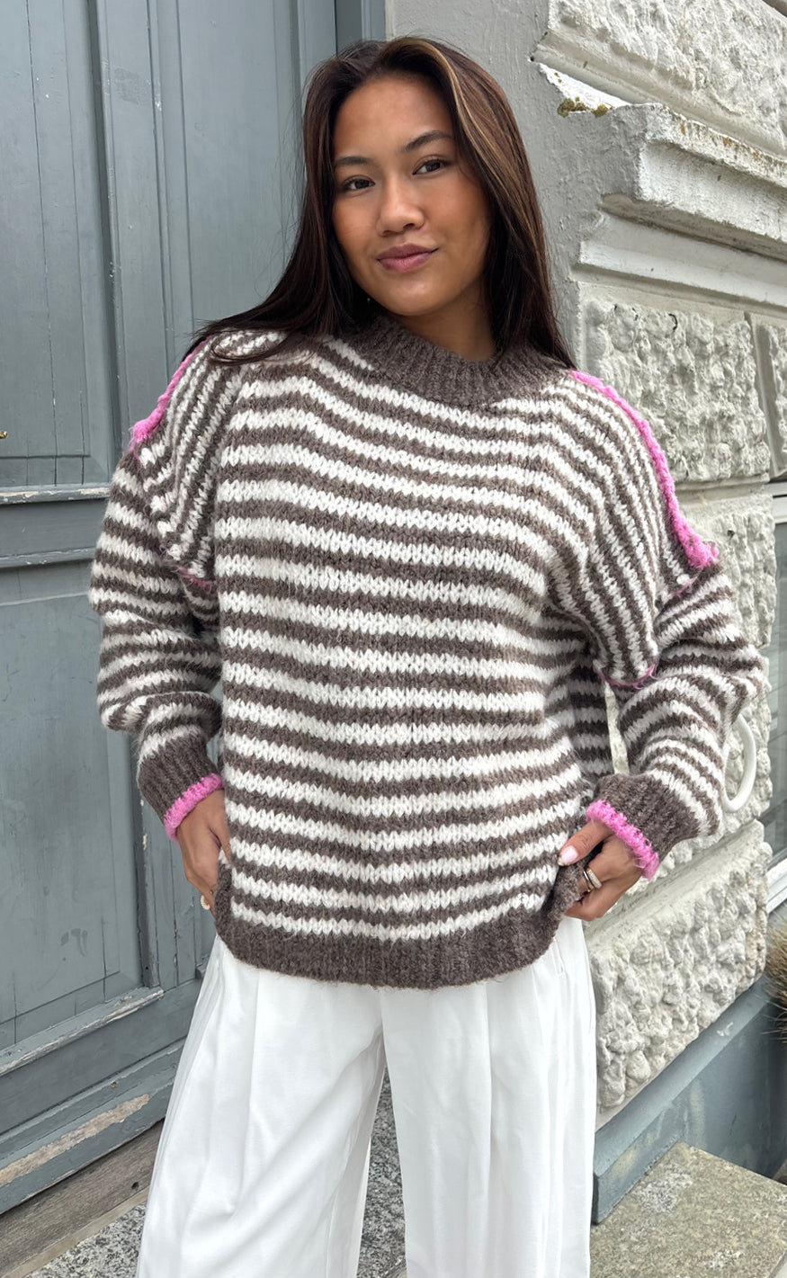 Say INA Copenhagen Genser - Sanna - Brown Striped W. Pink Details
