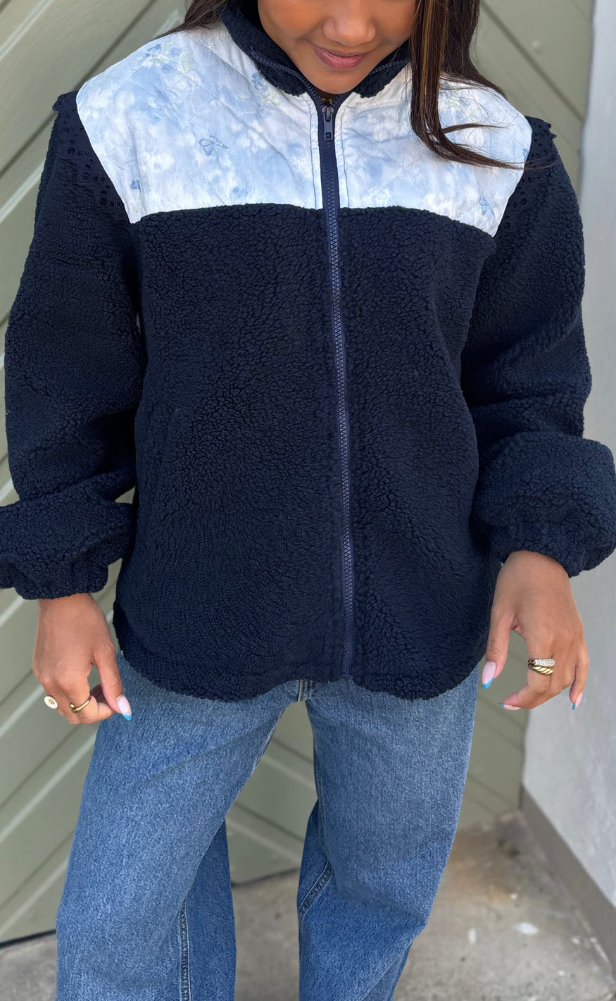 Say INA Copenhagen Jakke - Fia Fleece - Navy Blue W. Blue Flowers