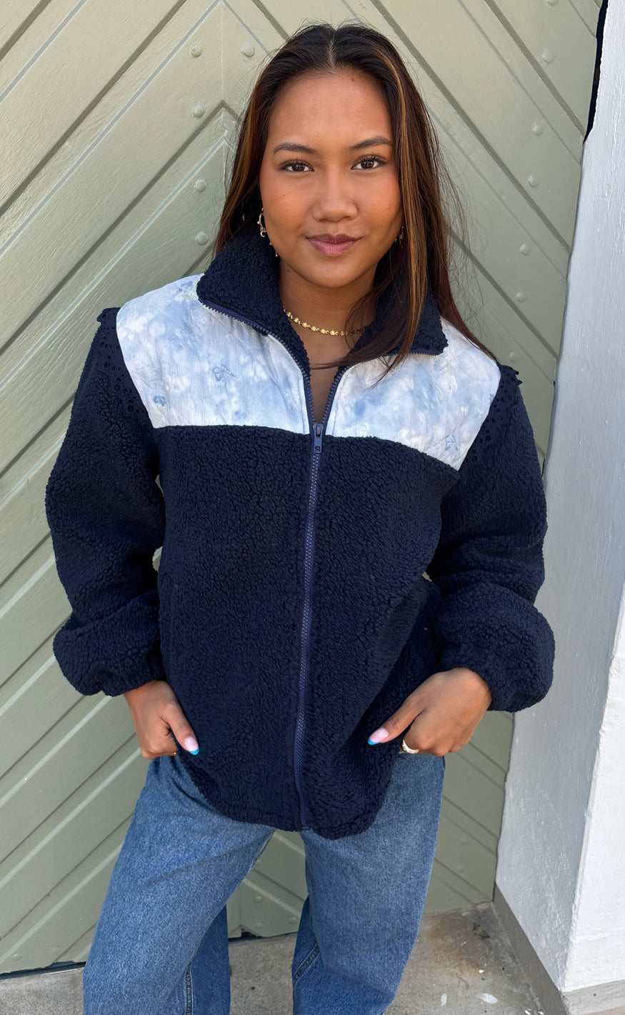Say INA Copenhagen Jakke - Fia Fleece - Navy Blue W. Blue Flowers