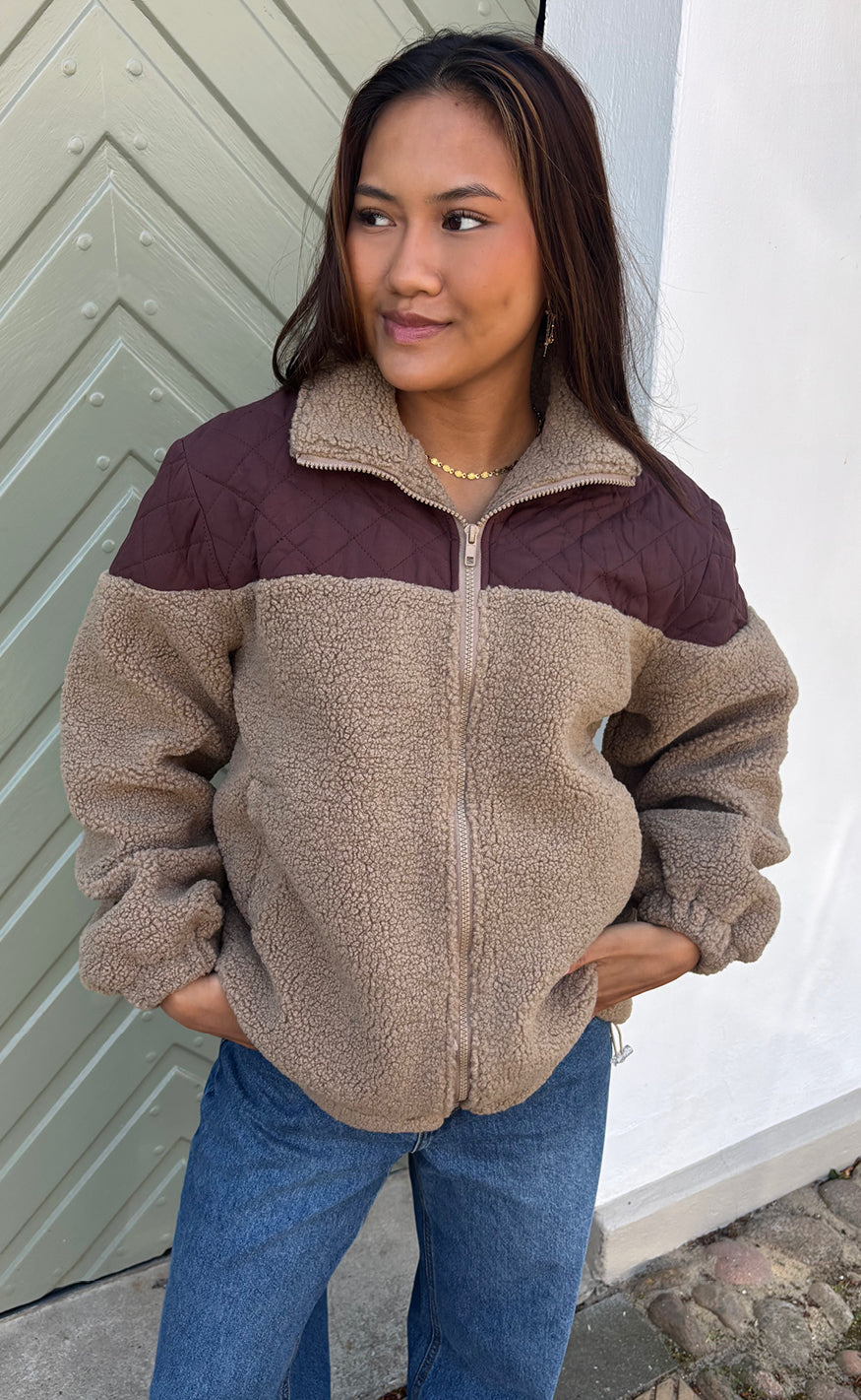 Say INA Copenhagen Jakke - Fia Fleece New - Taupe W. Dark Brown Quilt