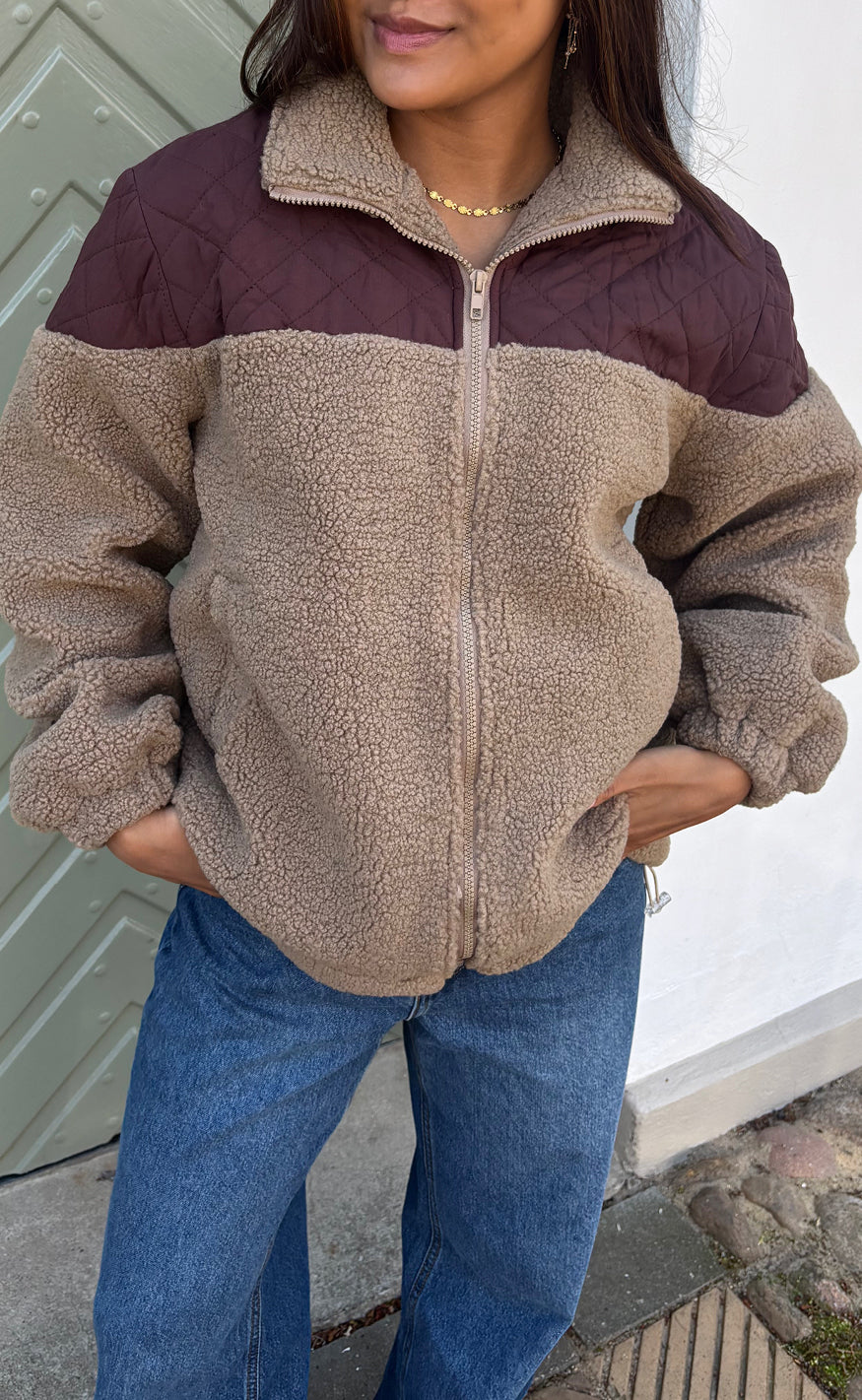 Say INA Copenhagen Jakke - Fia Fleece New - Taupe W. Dark Brown Quilt