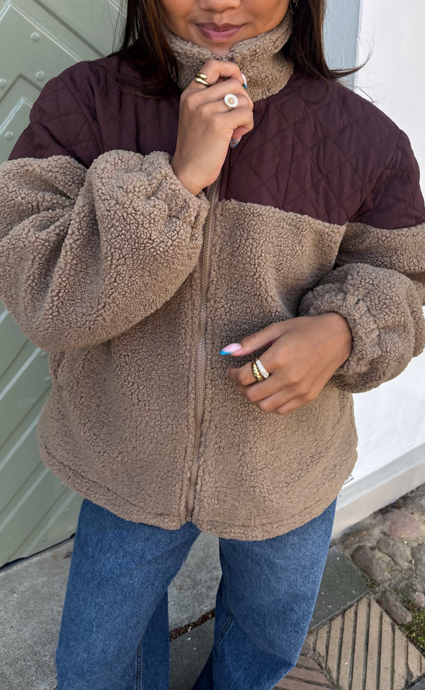 Say INA Copenhagen Jakke - Fia Fleece New - Taupe W. Dark Brown Quilt