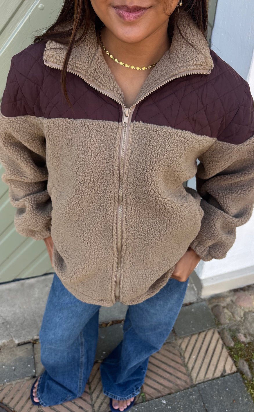 Say INA Copenhagen Jakke - Fia Fleece New - Taupe W. Dark Brown Quilt