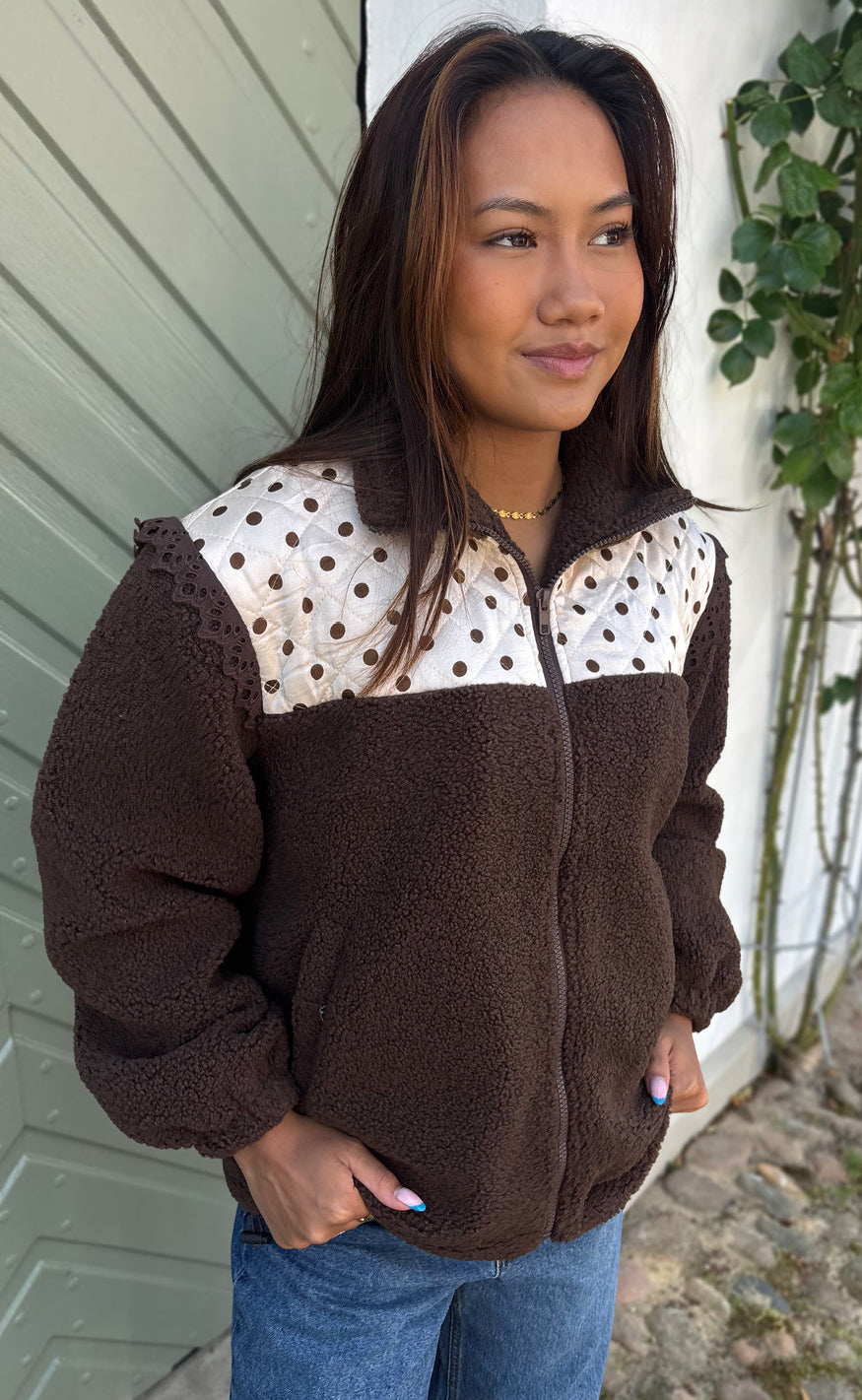 Say INA Copenhagen Jakke - Fia Fleece - Dark Brown W. Dots