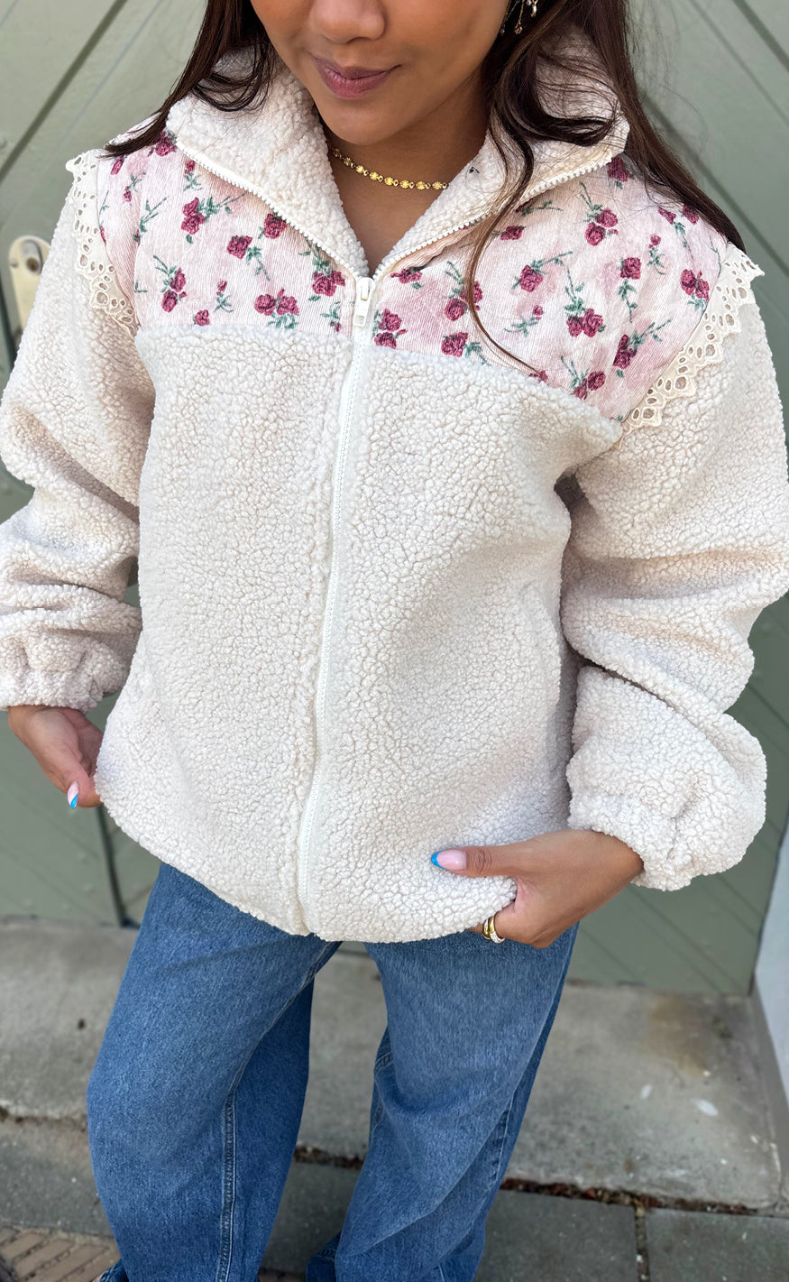 Say INA Copenhagen Jakke - Fia Fleece - Off White W. Pink Flowers