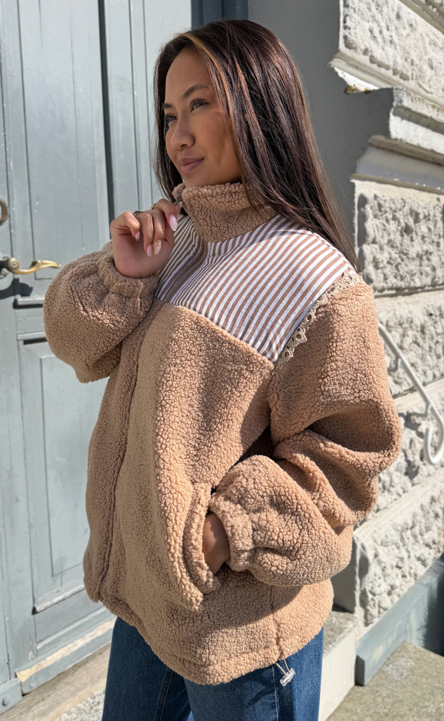 Say INA Copenhagen Jakke - Fia Fleece - Taupe W. Stripes