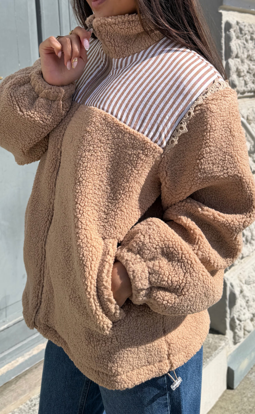 Say INA Copenhagen Jakke - Fia Fleece - Taupe W. Stripes