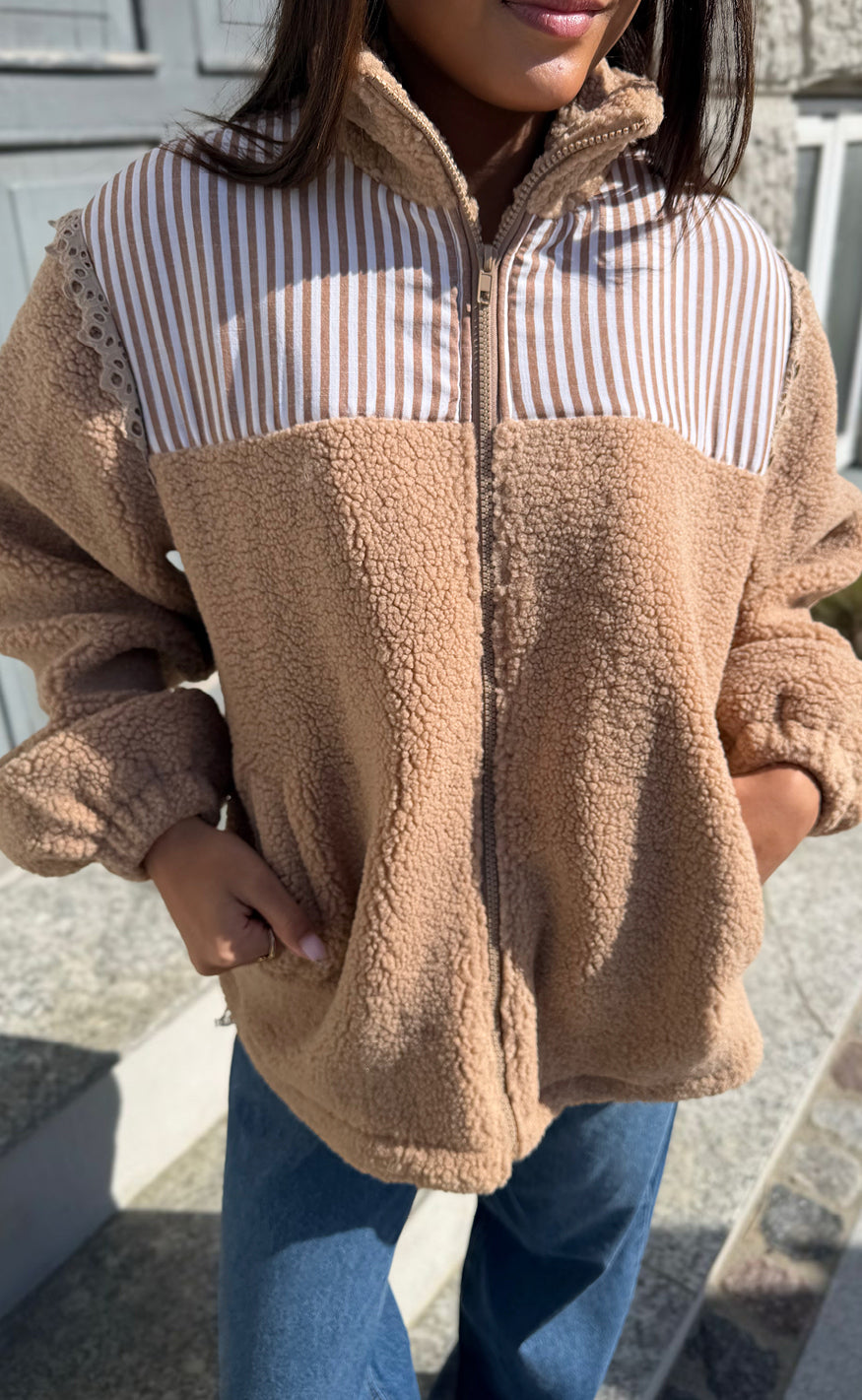 Say INA Copenhagen Jakke - Fia Fleece - Taupe W. Stripes