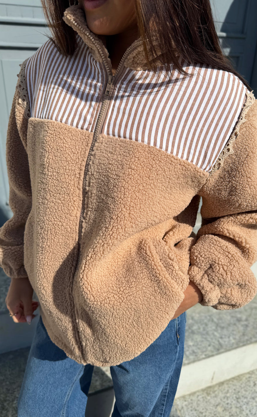 Say INA Copenhagen Jakke - Fia Fleece - Taupe W. Stripes