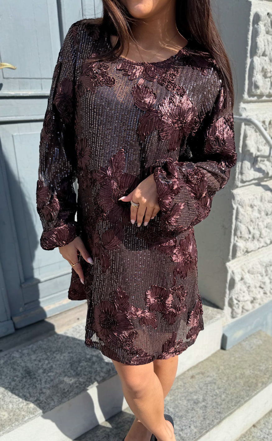 Say INA Copenhagen Kjole - Ava Sequin - Dark Brown Sequin W. Flowers