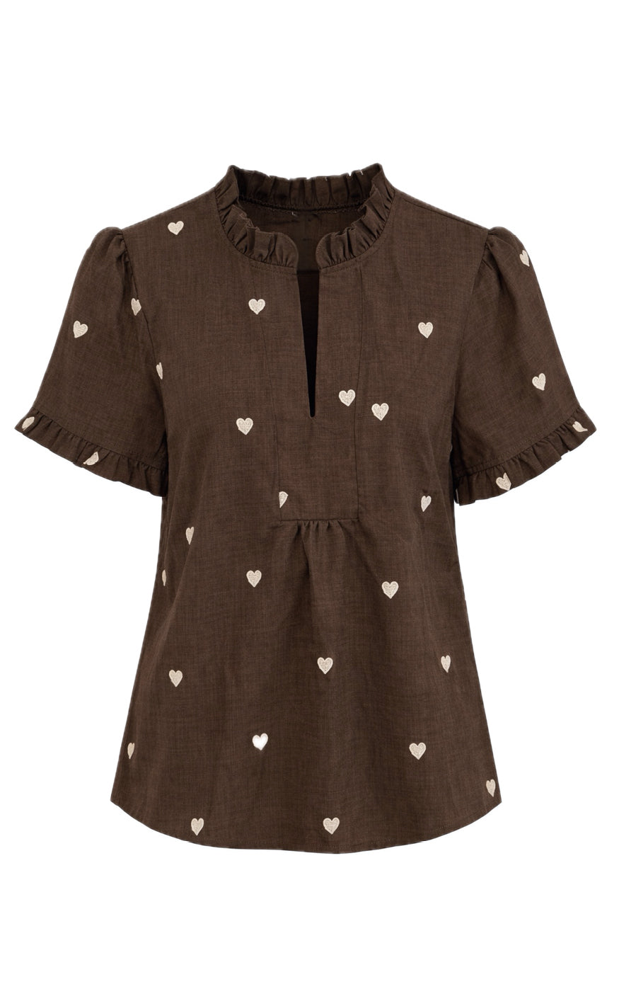 Say INA Copenhagen Topp - Winnie New - Dark Brown W. Off White Embroidery Hearts