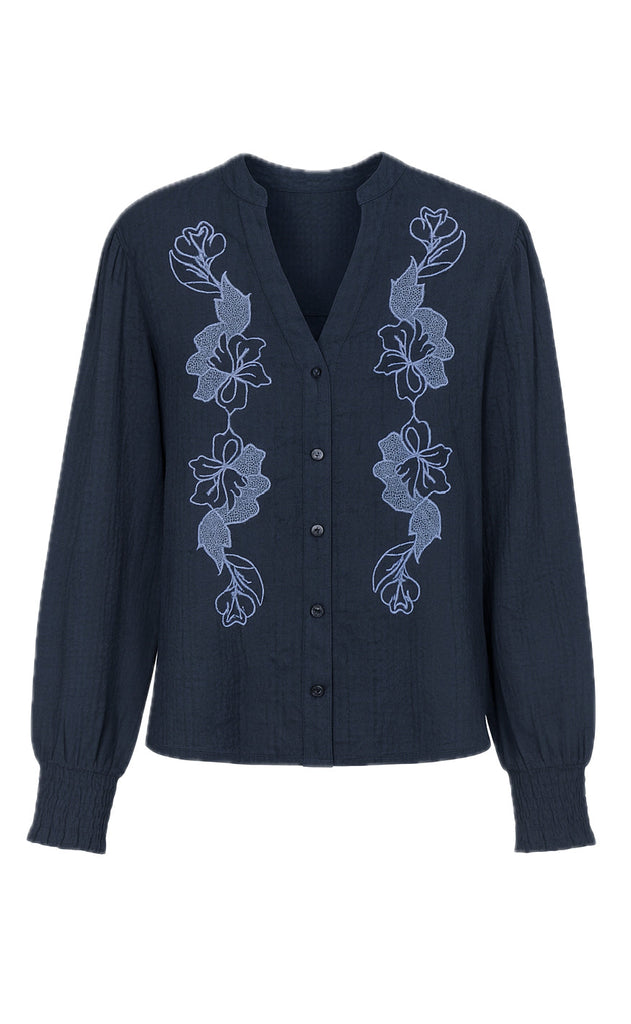 Say INA Copenhagen Skjorte - Pauline - Navy Blue W. Flower Embroidery