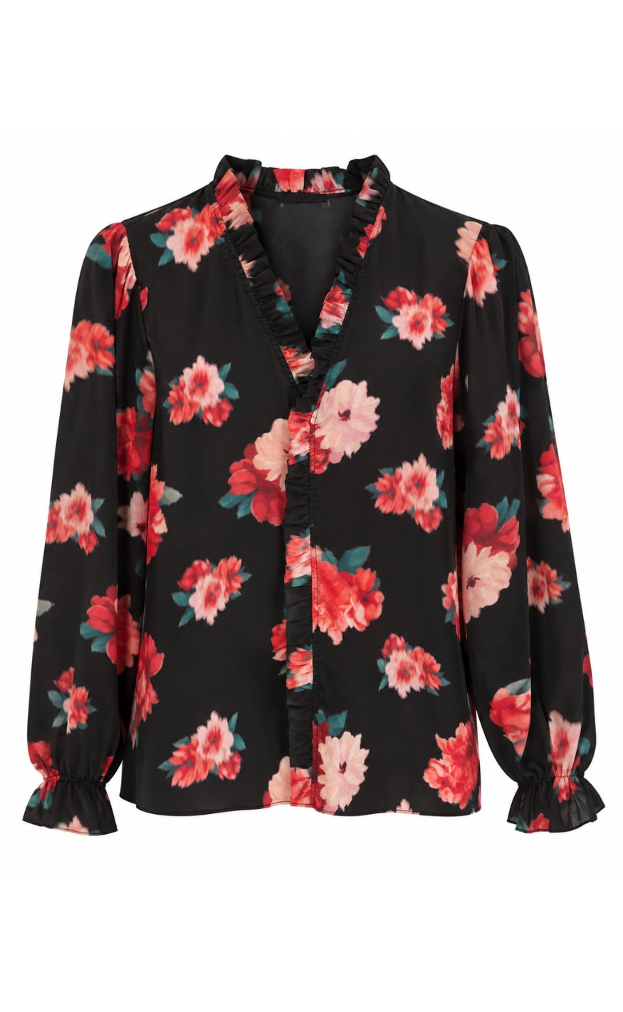 Say INA Copenhagen Bluse - Catja - Black W. Red/Pink Flowers
