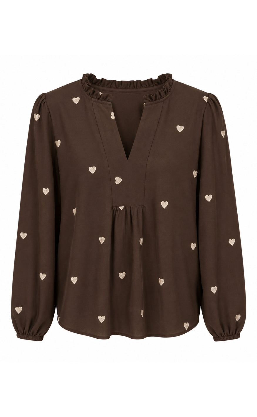 Say INA Copenhagen Bluse - Winnie New - Dark Brown W. Off White Embroidery Hearts
