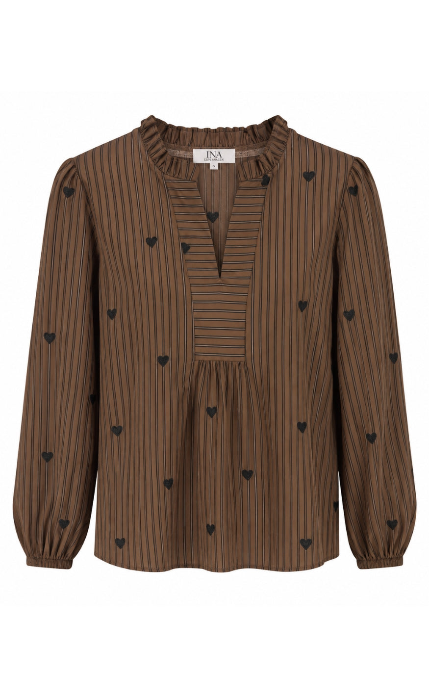 Say INA Copenhagen Bluse - Winnie New - Brown Striped W. Embroidery Hearts