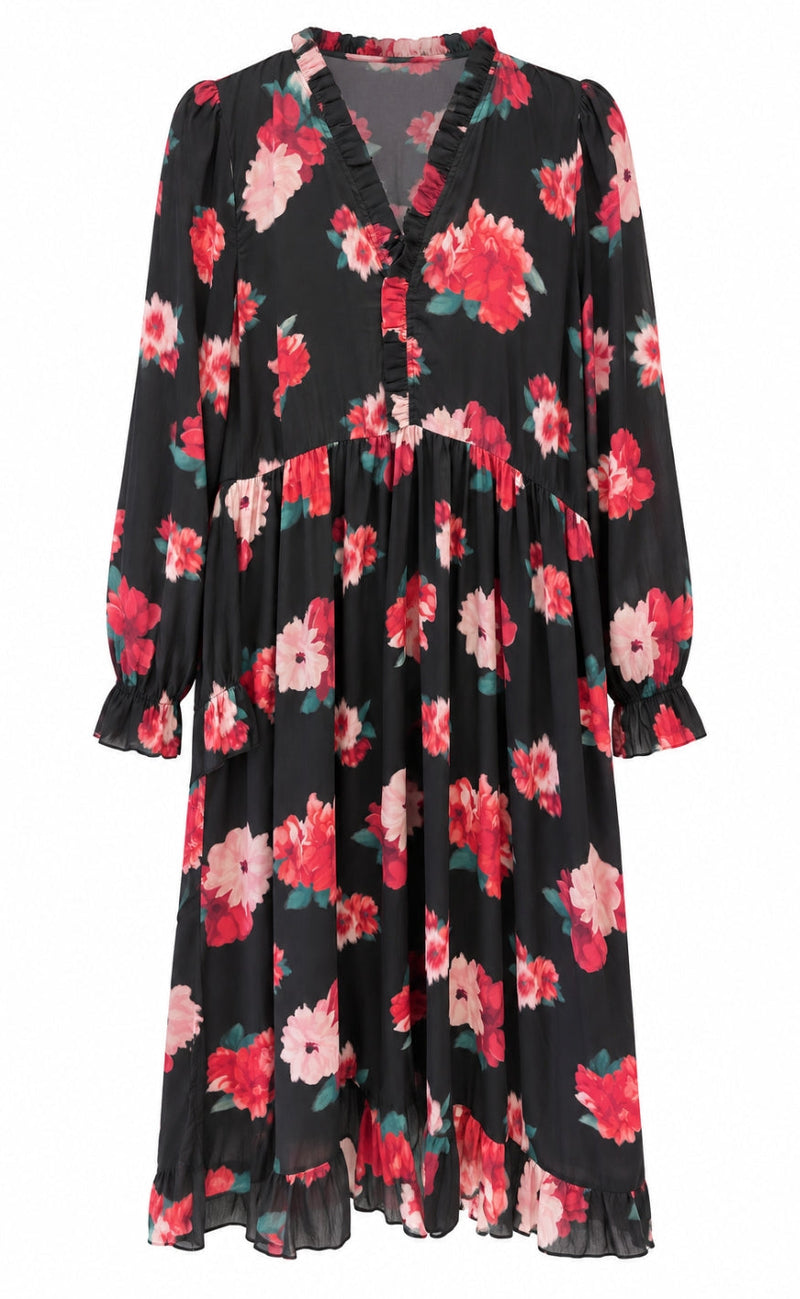 Say INA Copenhagen Kjole - Catja - Black W. Red/Pink Flowers