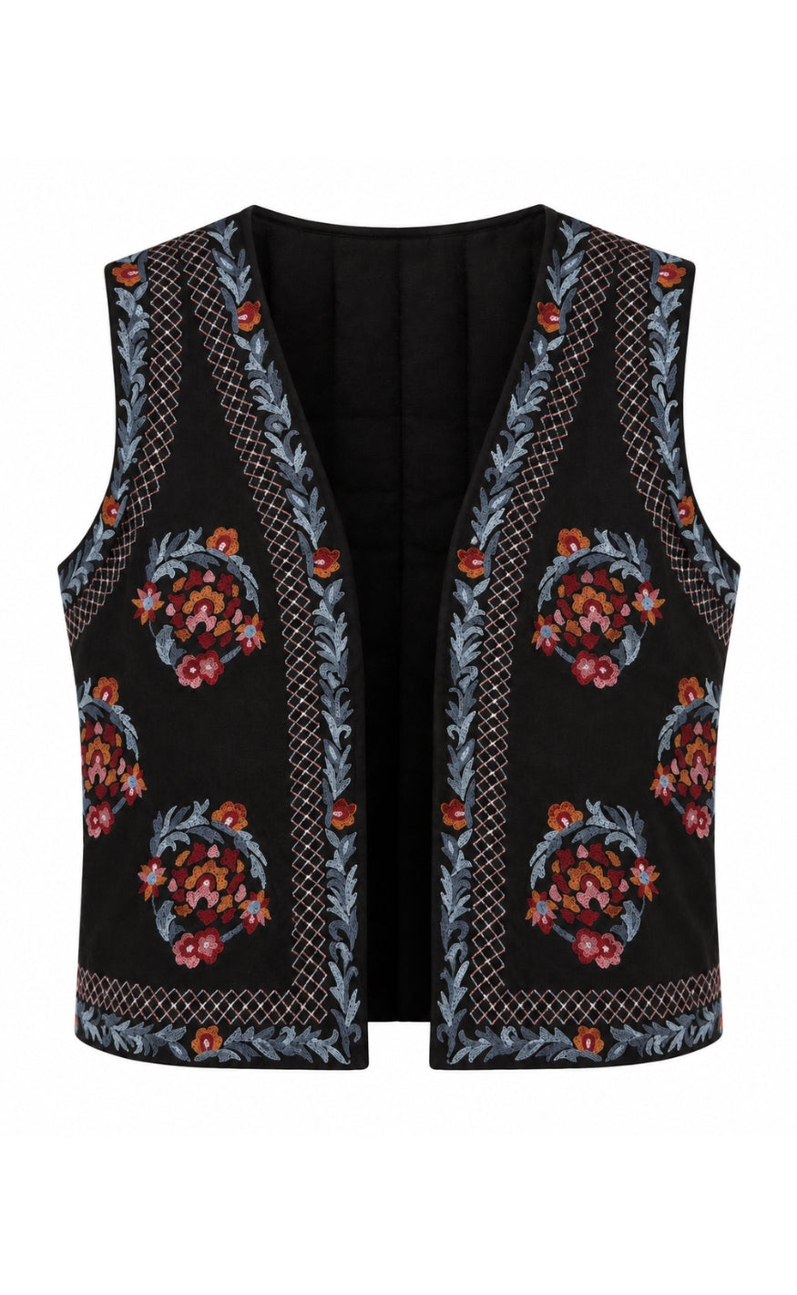 Say INA Copenhagen Vest - Abella - Black w. Colourful Flower Embroidey