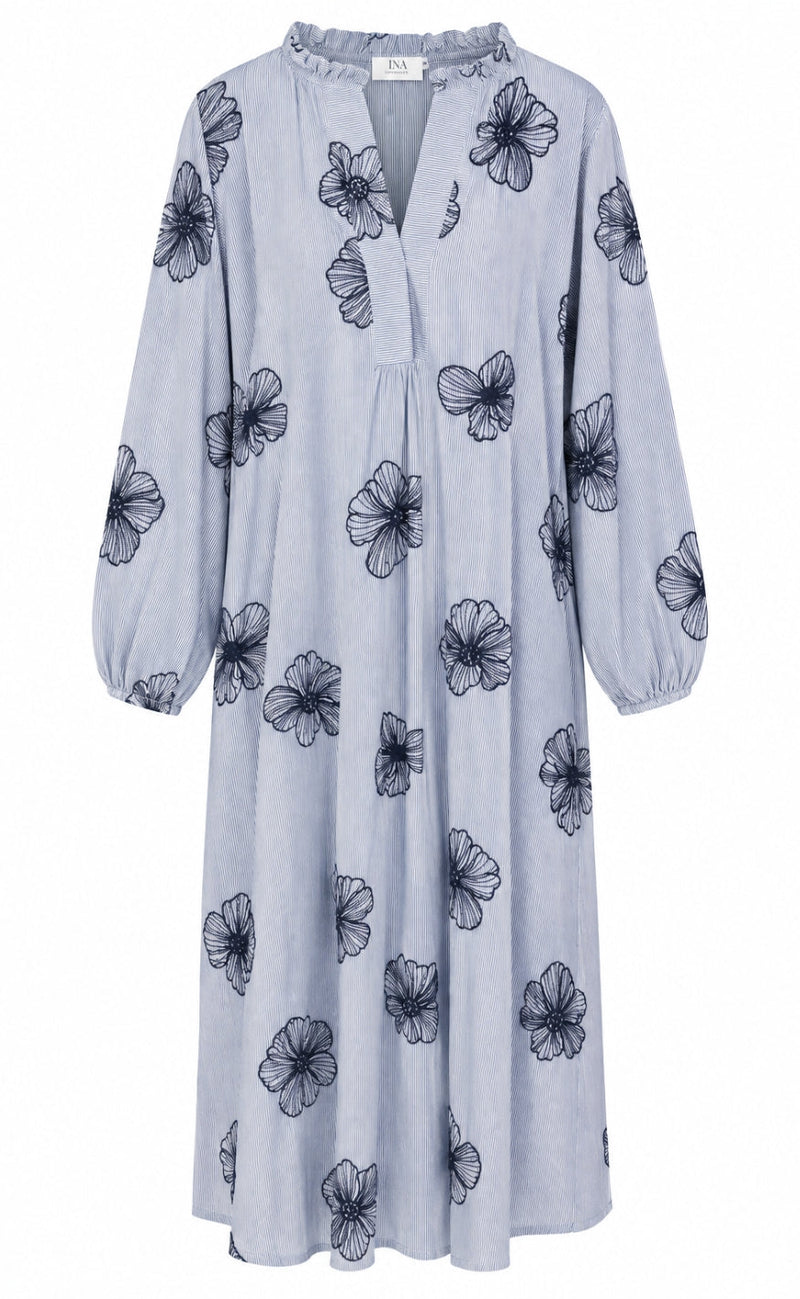 Say INA Copenhagen Kjole - Winnie New LS - Blue Striped W. Navy Flowers