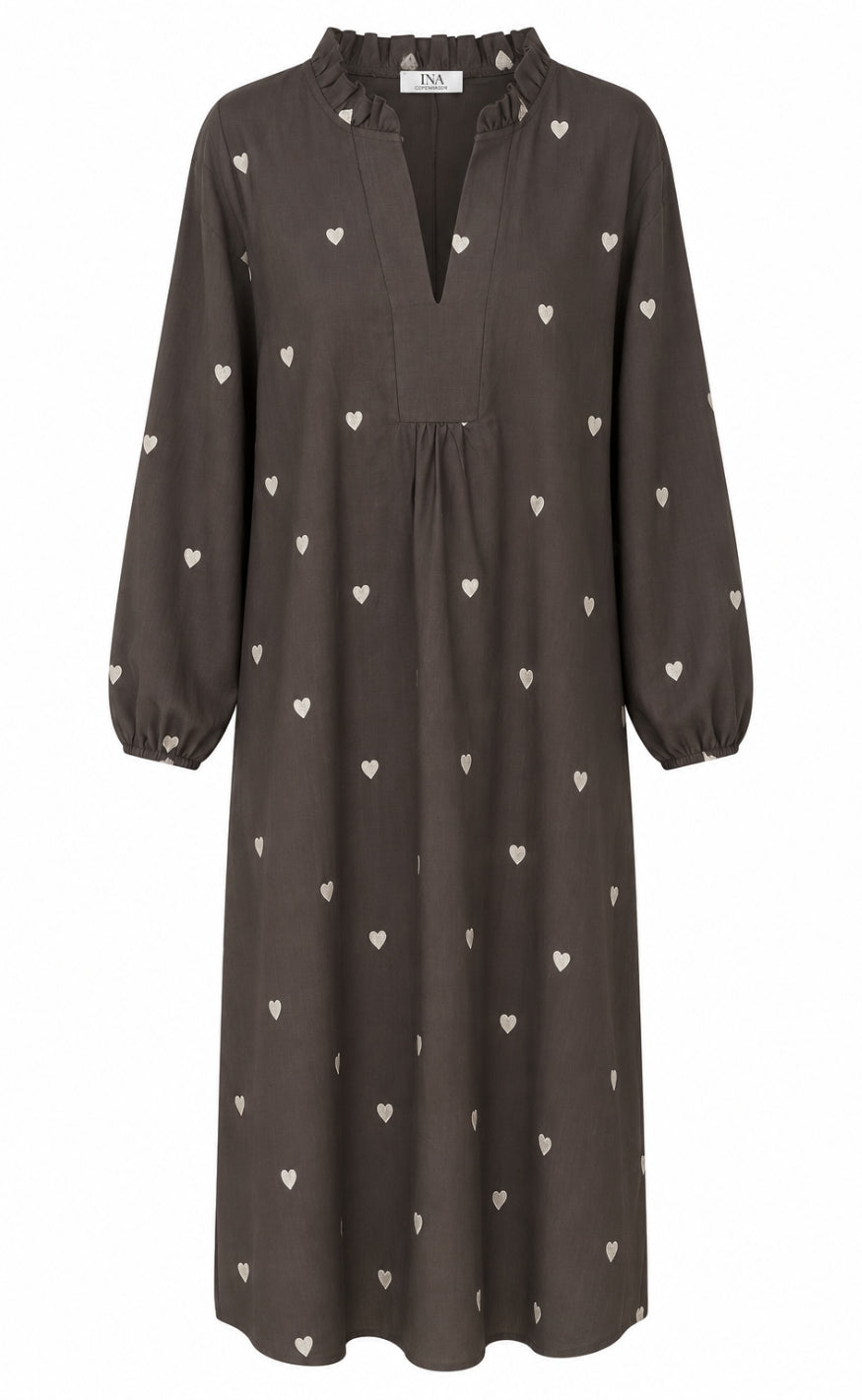 Say INA Copenhagen Kjole - Winnie New LS - Dark Brown W. Off White Embroidery Hearts
