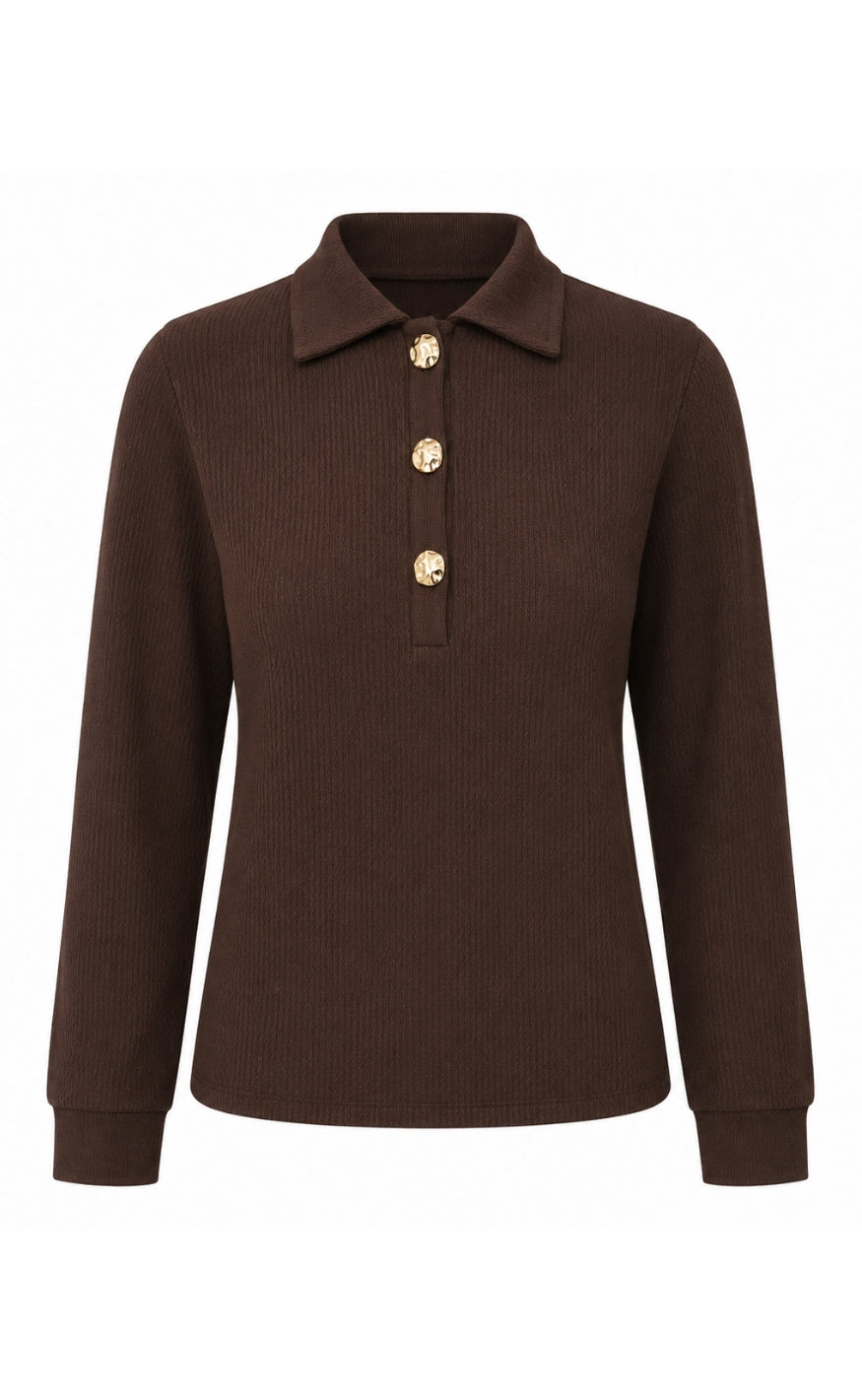 Say INA Copenhagen Bluse - Mira Polo - Dark Brown w. Gold Buttons