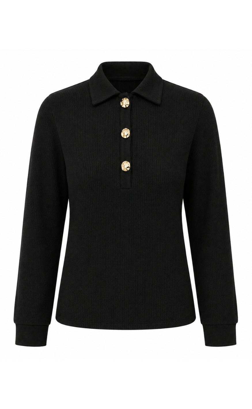 Say INA Copenhagen Bluse - Mira Polo - Black w. Gold Button