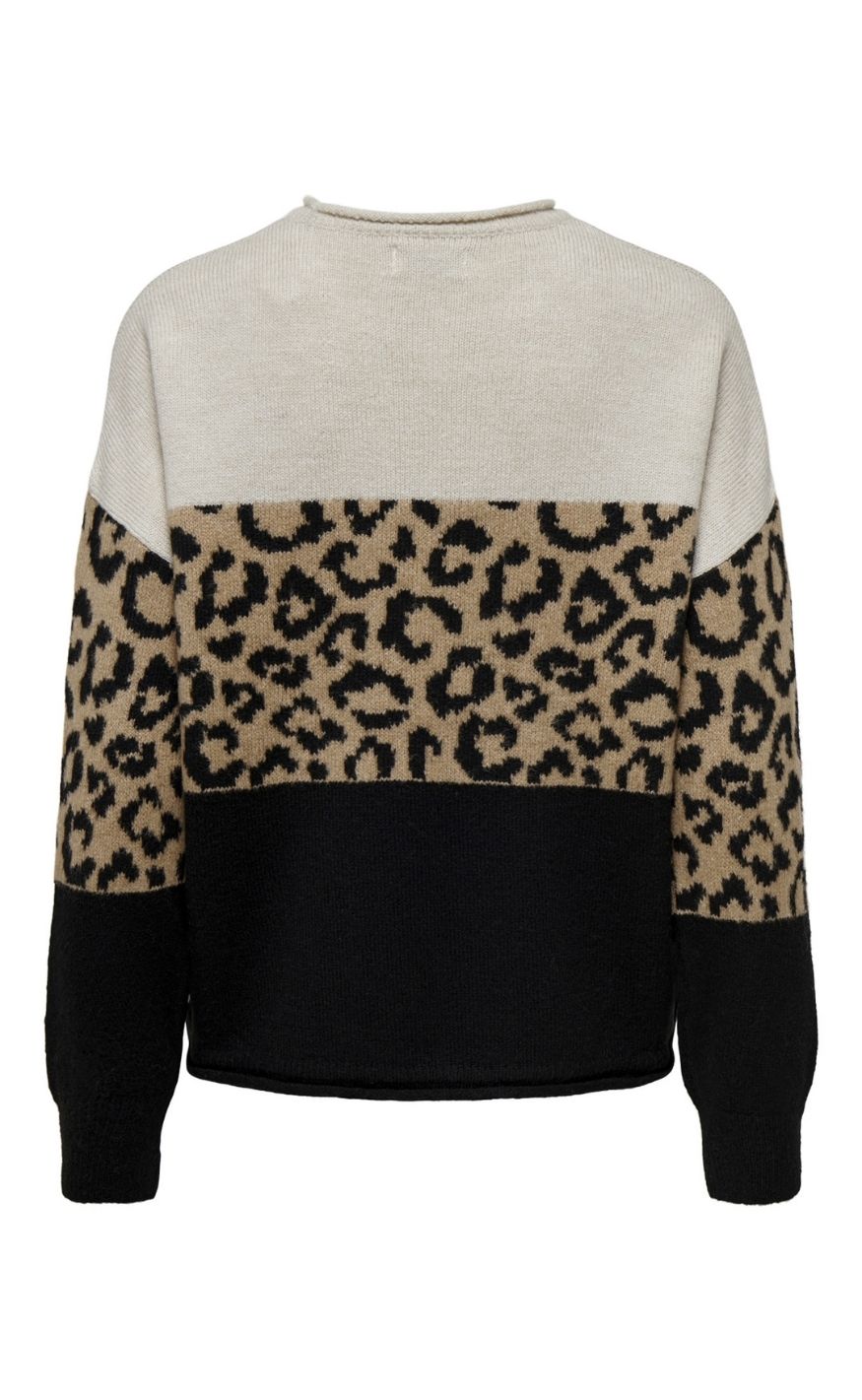 ONLY Genser - Jade Animal LS  O-Neck - Moonbeam Black/Toasted Coconut
