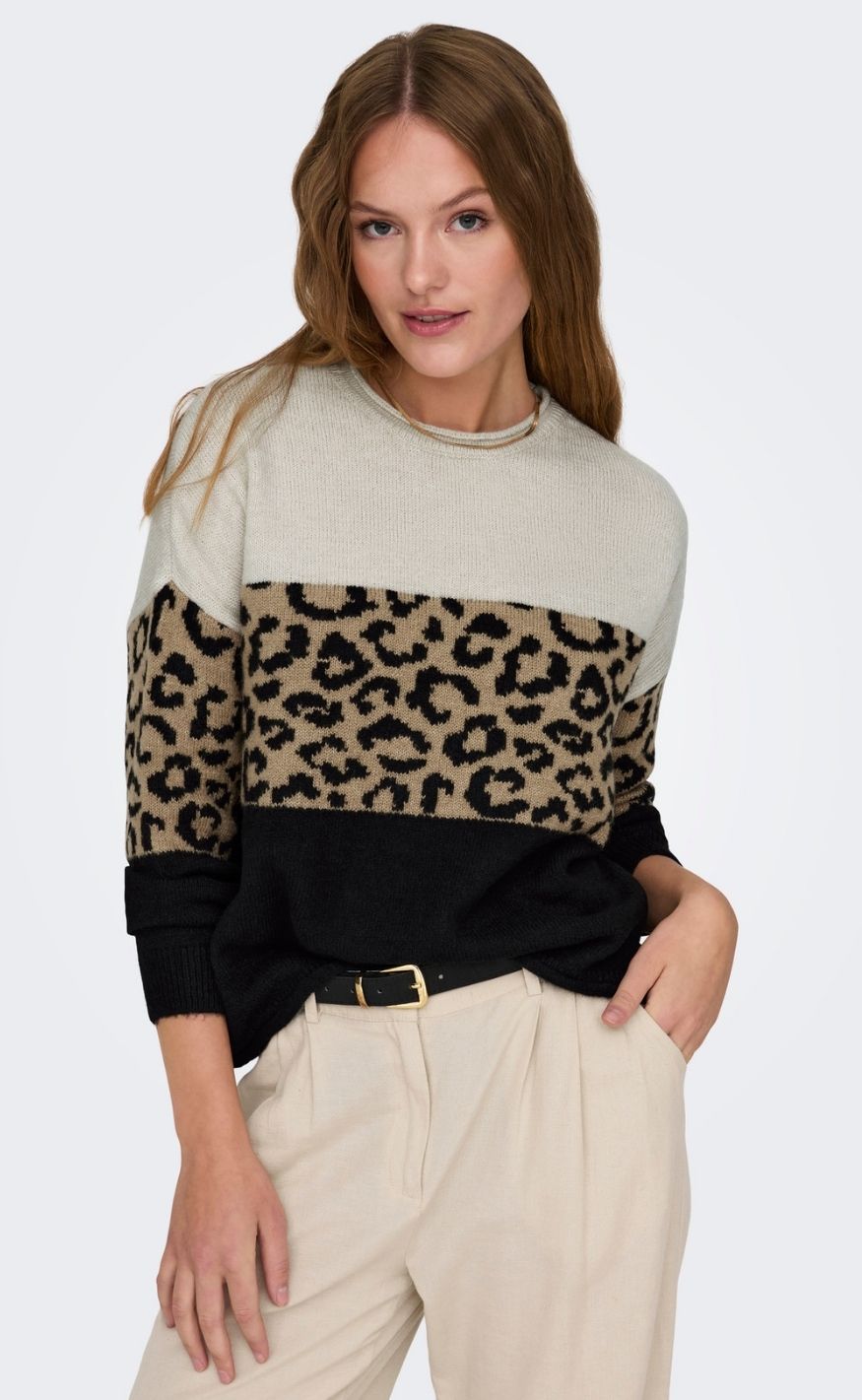 ONLY Genser - Jade Animal LS  O-Neck - Moonbeam Black/Toasted Coconut
