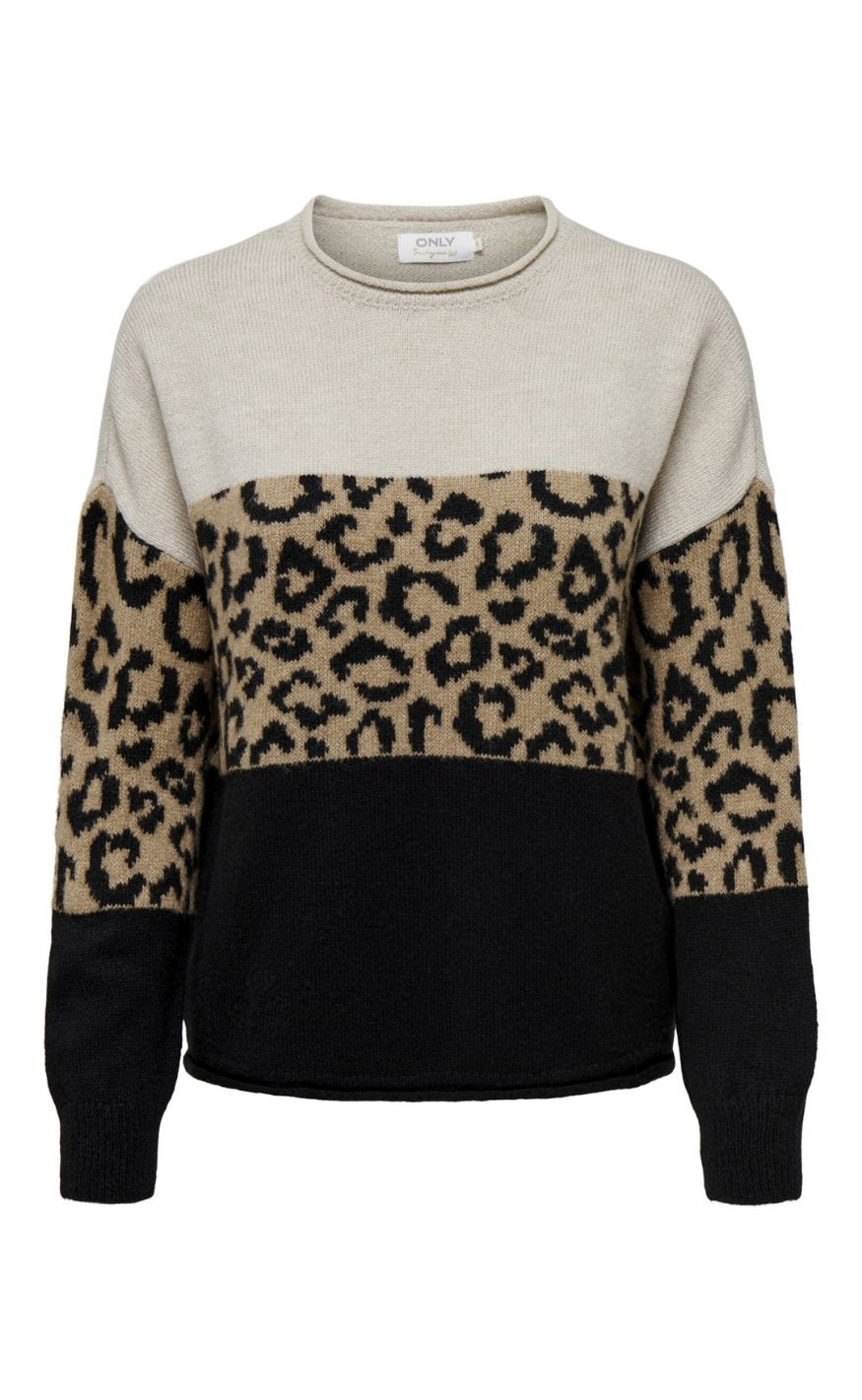 ONLY Genser - Jade Animal LS  O-Neck - Moonbeam Black/Toasted Coconut