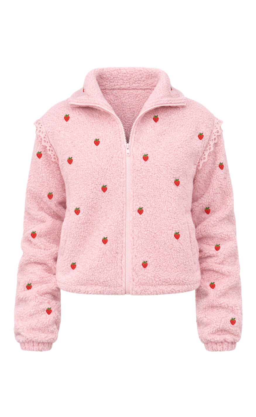 Say INA Copenhagen Fleece Jakke - Fia - Pink W. Strawberry Embroidery