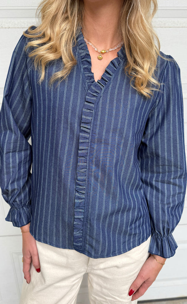Say INA Copenhagen Bluse - Catja - Dark Denim Blue W. Pinstripe