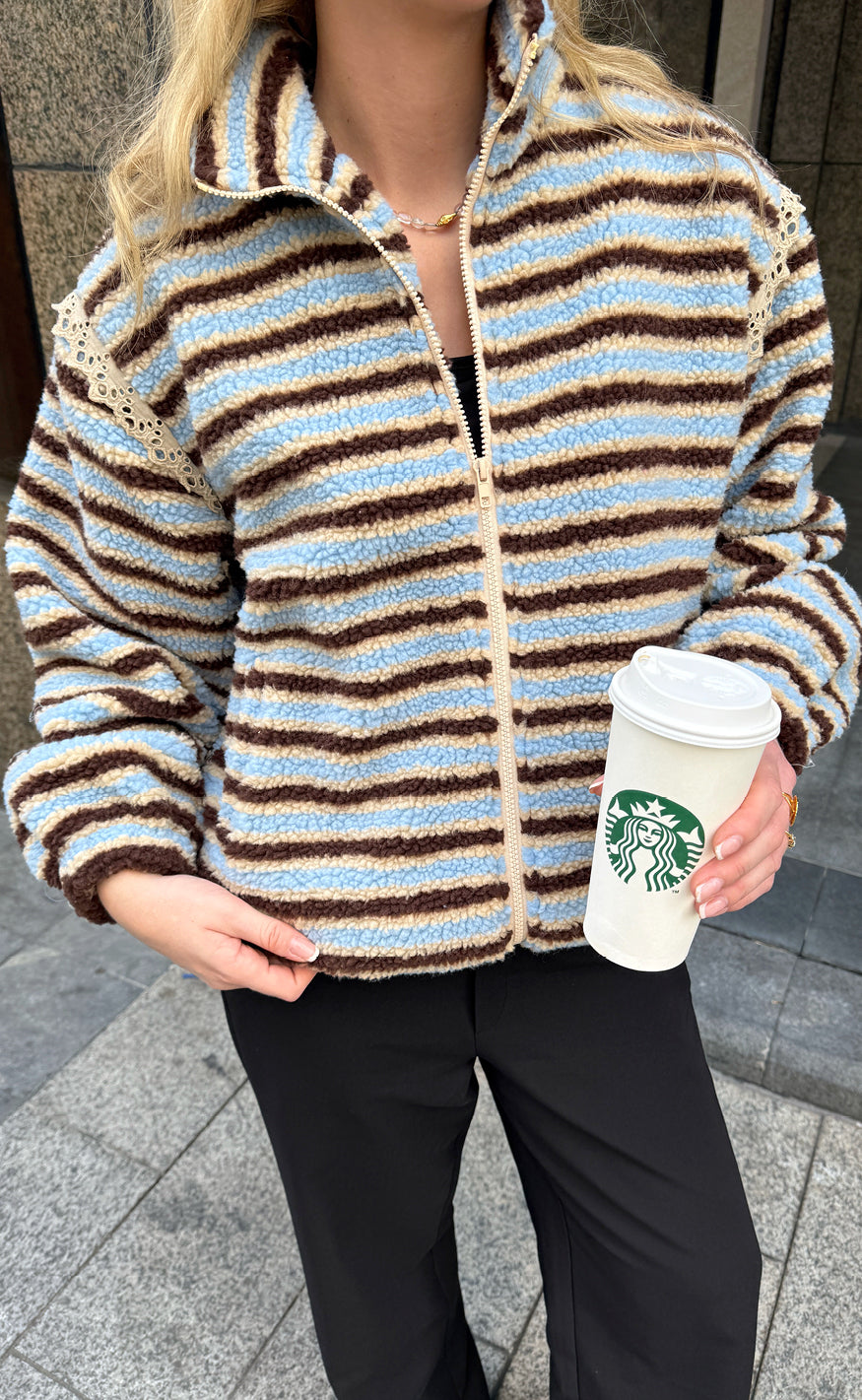 Say INA Copenhagen Fleece Jakke - Fia - Beige / Brown / Blue Striped