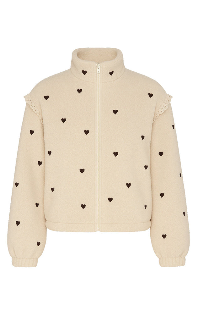 Say INA Copenhagen Fleece Jakke - Fia - Beige W. Brown Embroidery Hearts