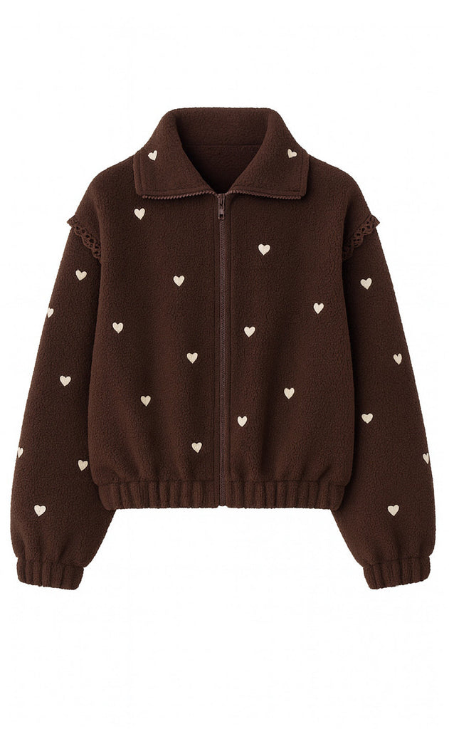 Say INA Copenhagen Fleece Jakke - Fia - Dark Brown W. Beige Embroidery Hearts