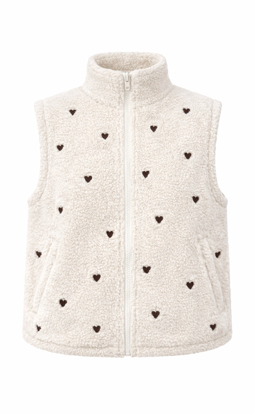 Say INA Copenhagen Fleece Vest - Fia - Beige W. Brown Embroidery Hearts