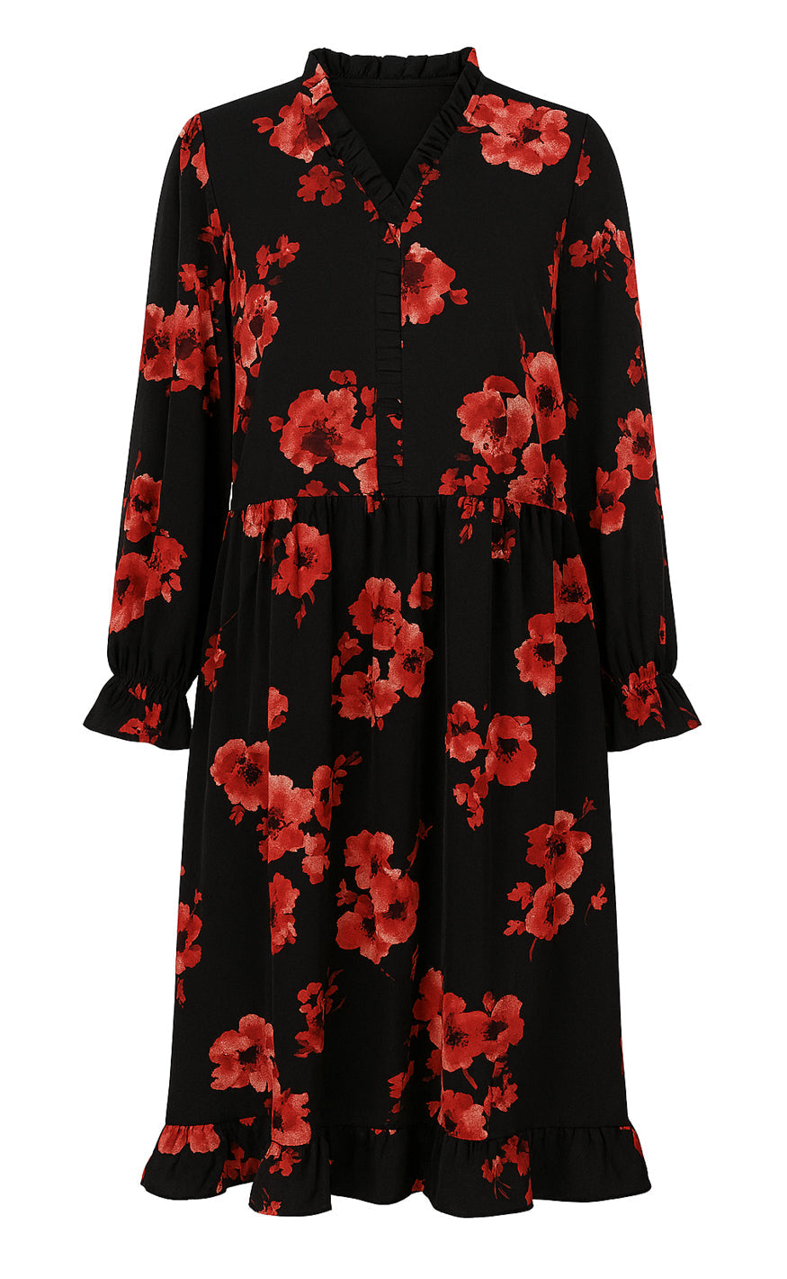 Say INA Copenhagen Kjole - Catja - Black W. Red Flowers