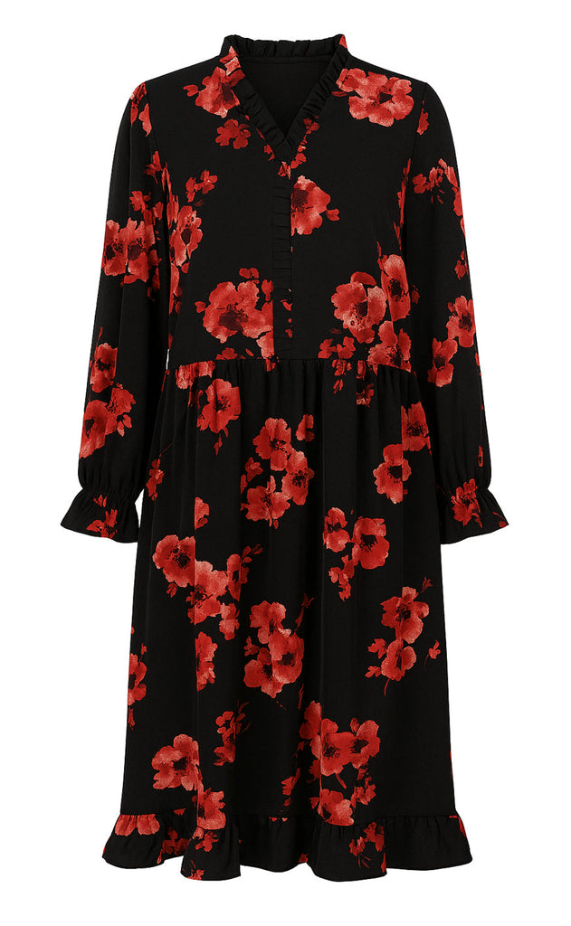 Say INA Copenhagen Kjole - Catja - Black W. Red Flowers